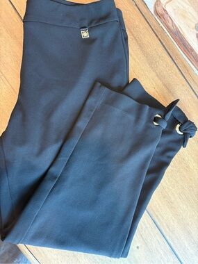 Anne Klein Black Wide-Leg Pants with Knot & Gold Ring Detail